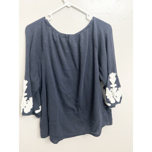 Crown Ivy Peasant Blouse 2X Blue Boxy Cotton Floral Embroidered Boho Resort Top - Picture 7 of 7